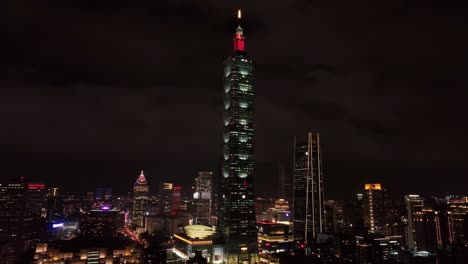 toma aérea del horizonte iluminado en la ciudad de taipei con la gigantesca torre 101 por la noche