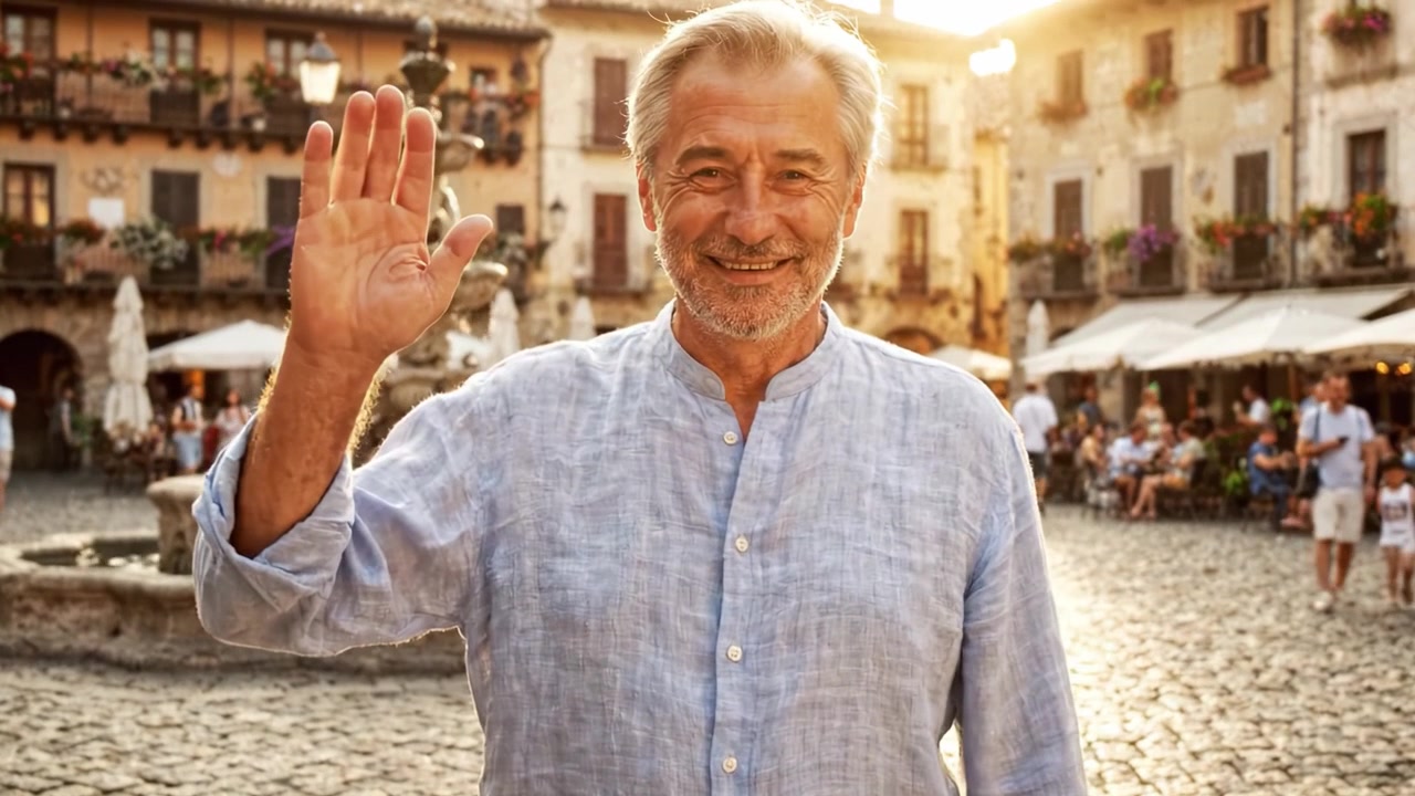 Una Serata Serena in una Piazza Idilliaca, con un Signore Sorridente Accanto a una Caratteristica Fontana, Circondato da Incantevoli Caffè e Visitatori Animati che si Godono la Luce Dorata del Tramonto