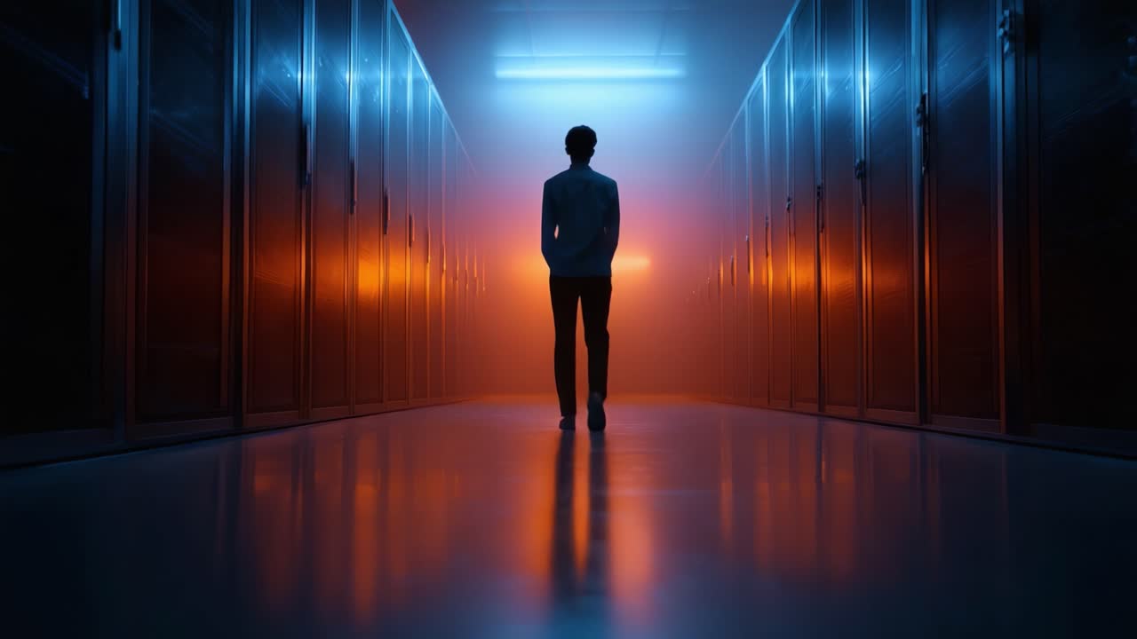 Una figura solitaria si erge in un corridoio scarsamente illuminato, pieno di unità di archiviazione, illuminato da luci blu e arancioni contrastanti, creando un'atmosfera inquietante