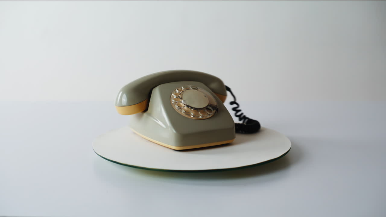 Rotary phone white background spinning closeup. Old stationary telephone