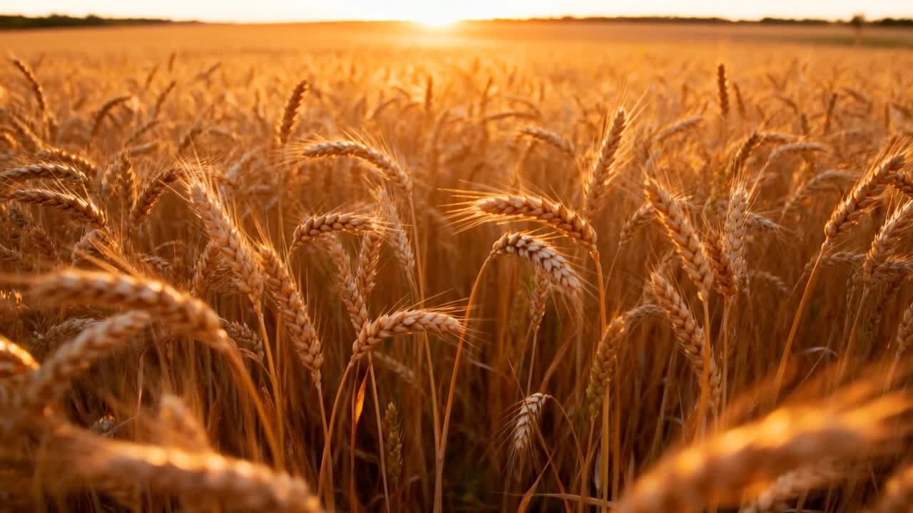 Moving low-angle camera in field, revealing ripe stalks swaying in low sun showing wider horizon