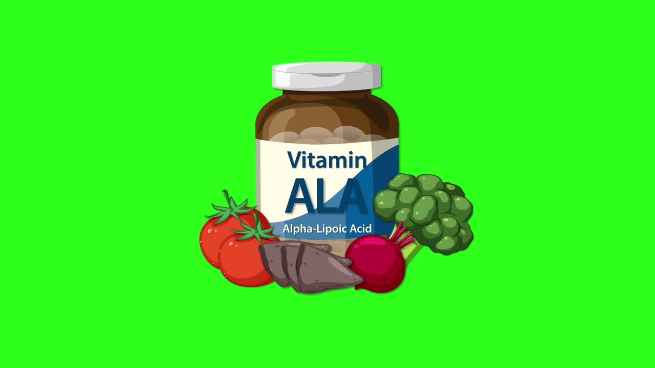 Vitamin supplement bottle and assorted vegetables appear and settle on bright green background, smooth transitions