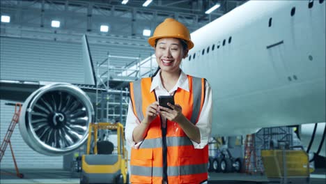 mujer ingeniera en el hangar del aeropuerto usando un teléfono inteligente