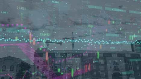 Animation-Der-Finanzdatenverarbeitung-Vor-Dem-Hintergrund-Einer-Luftaufnahme-Hoher-Gebäude