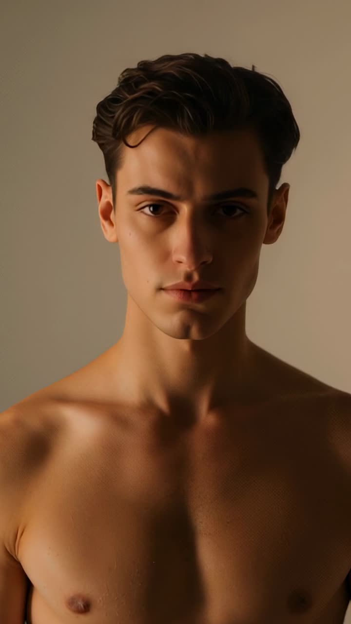 Modello a torso nudo che solleva il mento da uno sguardo abbassato, girandosi verso la fotocamera per un ritratto su uno sfondo beige caldo.