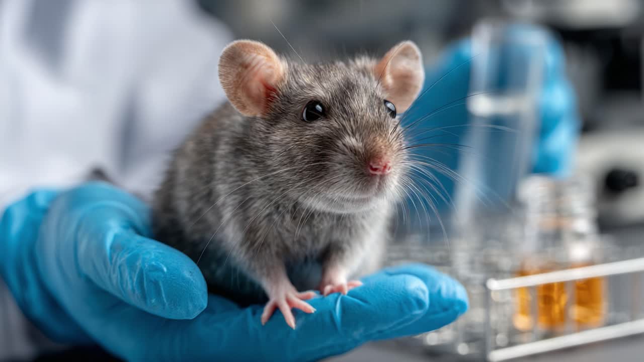 A Glimpse of Laboratory Research: A Gray Laboratory Mouse Being Carefully Held and Observed During Scientific Experimentation and Observation in a Clinical Setting