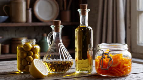 vintage kitchen still life with olive oil, preserved citrus, and candied orange peel