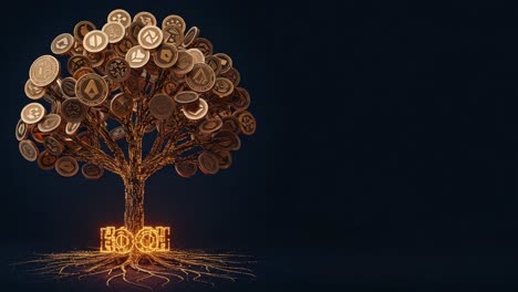 A Symbol of Growth and Prosperity: An Artistic Representation of a Tree Made Up of Coins, Signifying Wealth and Financial Success Against a Dark Background