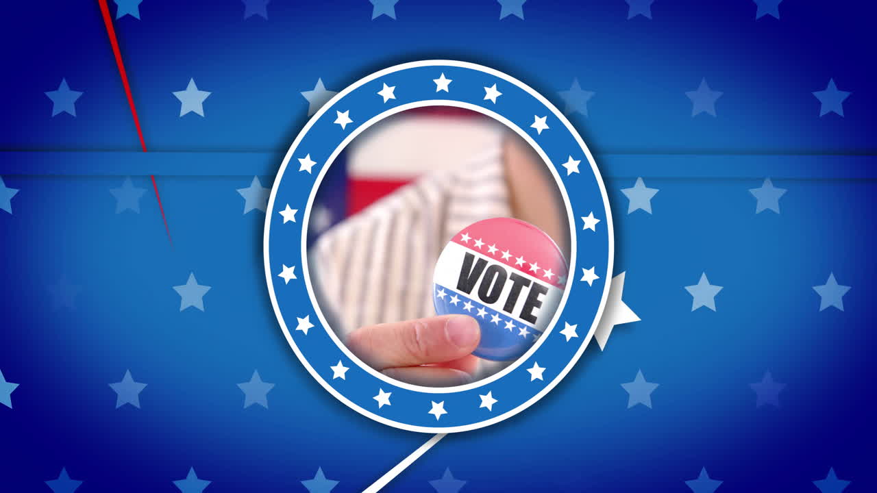Animation of caucasian hand holding vote badge with american flag elements on blue background