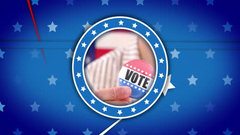 animation of caucasian hand holding vote badge with american flag elements on blue background