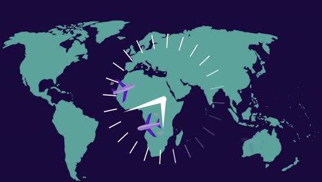 animation of clock moving over planes and world map