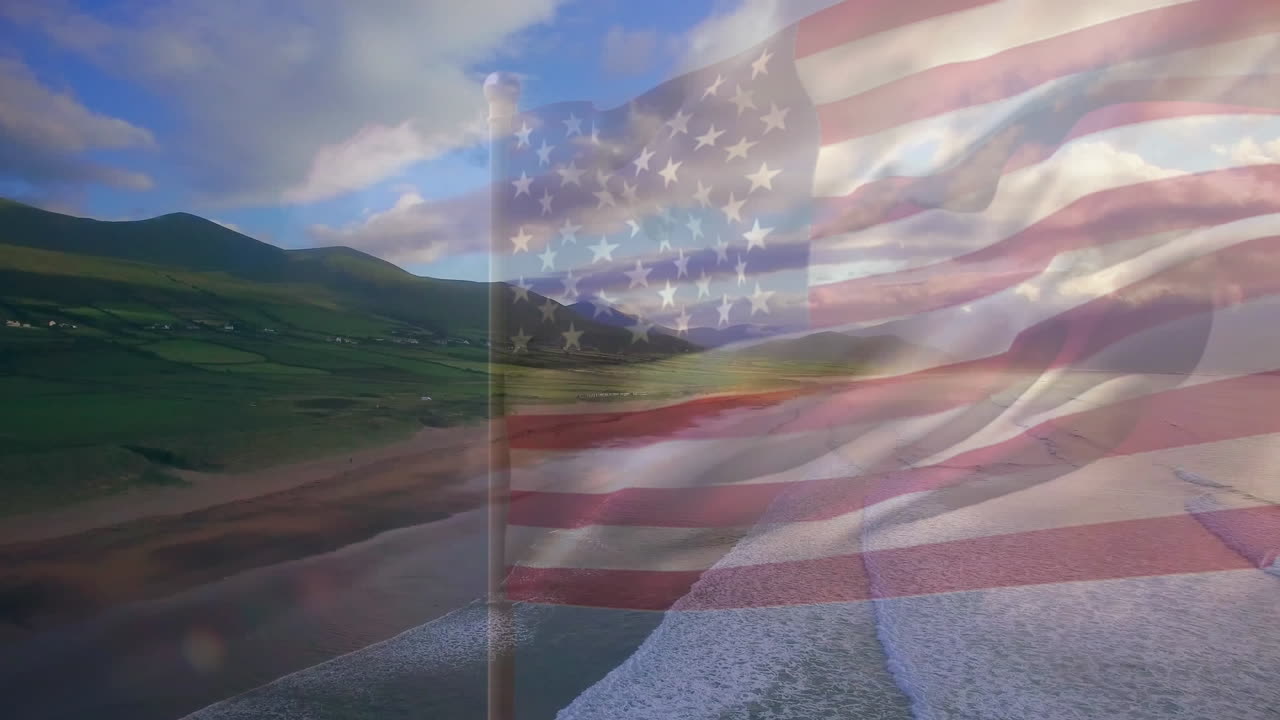 composición digital de agitarnos la bandera contra la vista aérea de la playa