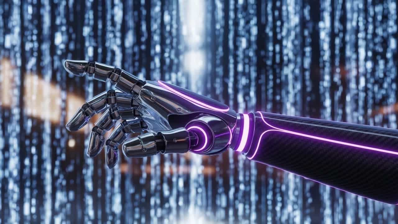 Futuristic Robotic Hand Reaching Out Against a Digital Matrix, Symbolizing Connection and Advancement in Artificial Intelligence Technology