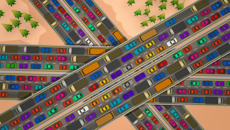 aerial view of the six-lane highway with the slow-moving, bumper to a bumper traffic jam. three busy roadways full of cars, crossing each other. loopable 2d animation.