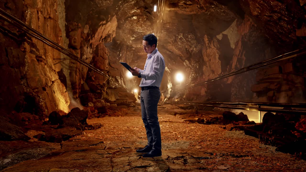 Full Body Side View Of An Asian Male Professional Worker Standing With His Tablet In Underground Mine Tunnel, He Is Nodding His Head With Dissapionted