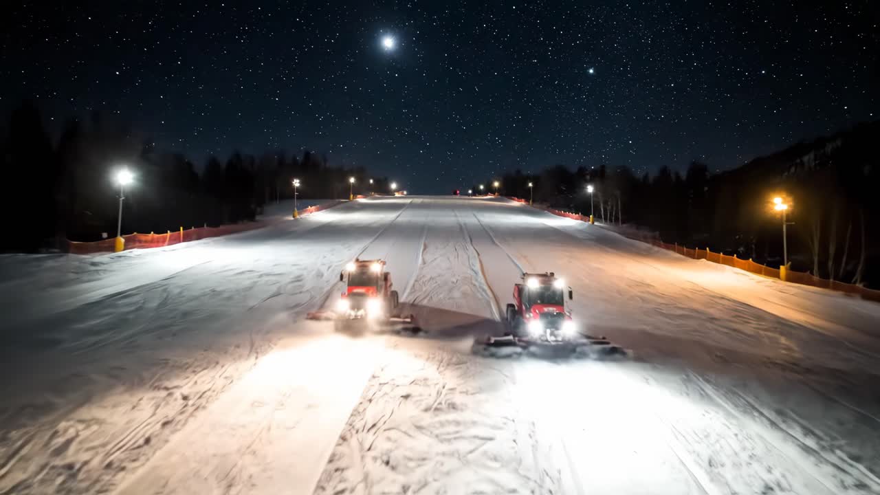Snowcats Grooming Ski Slope at Night