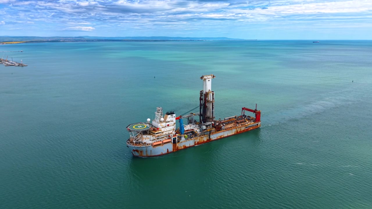 Industrielt offshore boreskib navigerer i roligt turkist havvand under skyer. Luftfoto af et stort boreskib med centralt tårn og helikopterlandingsplads, der sejler på åbent hav mod horisonten