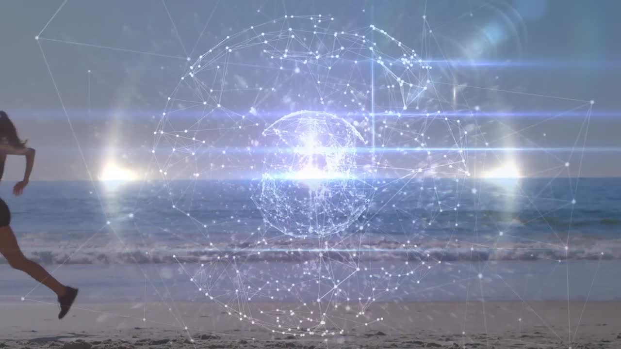 animación de redes de conexiones con el mundo sobre la mujer caucásica corriendo en la playa