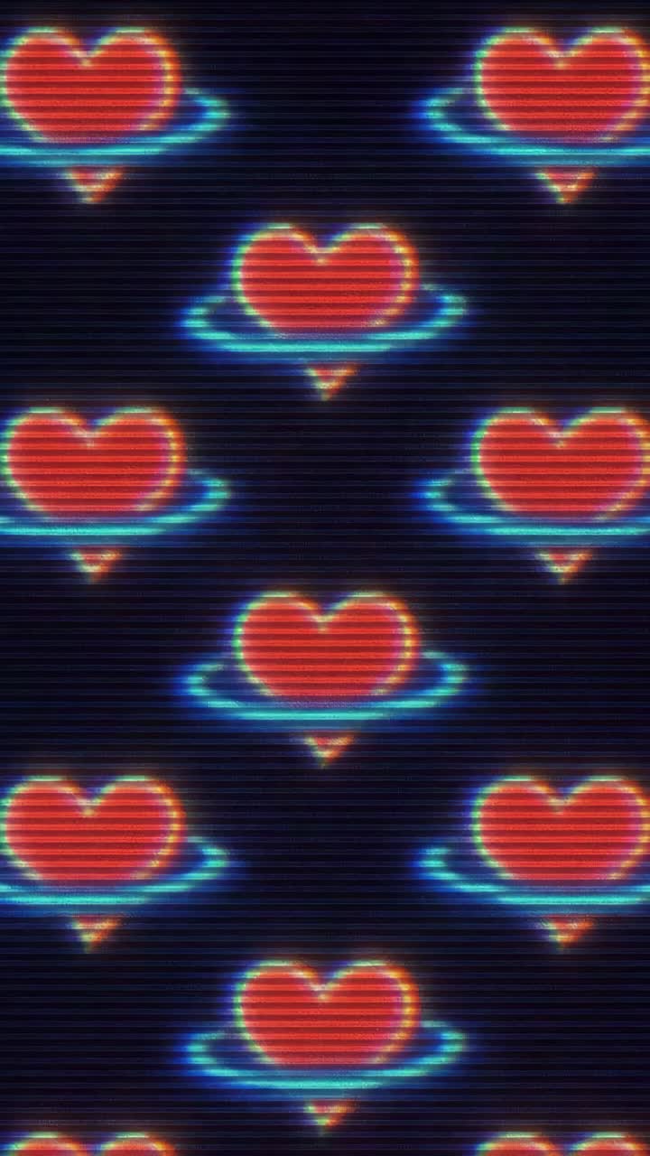 Retro video game style with pixelated red hearts on a dark background