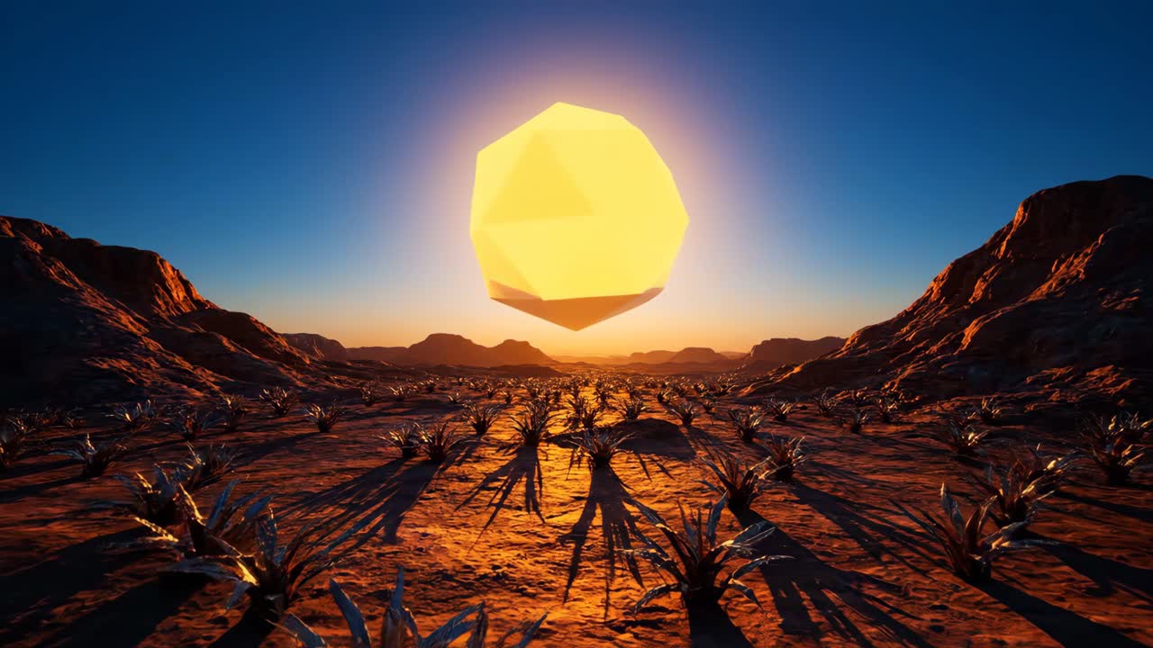 Surreal Desert Landscape with Geometric Object at Sunset