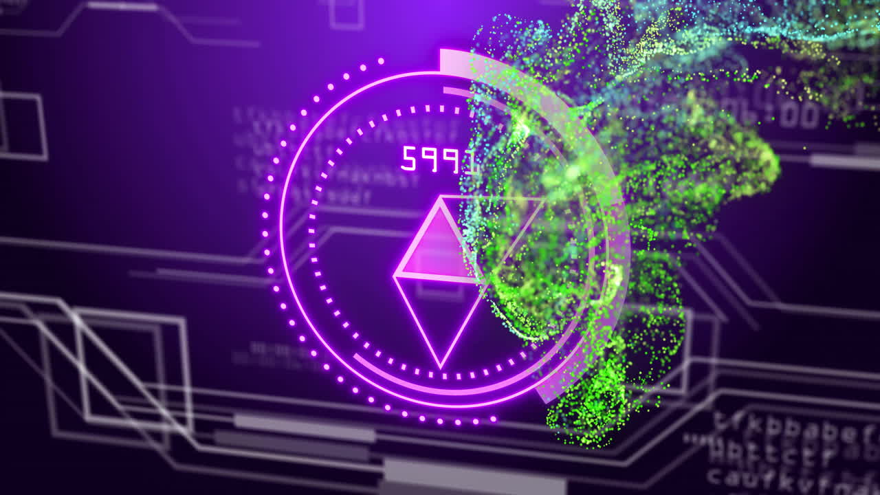 추상적인 기하학적 모양과 녹색 입자에 대한 디지털 데이터 처리 애니메이션