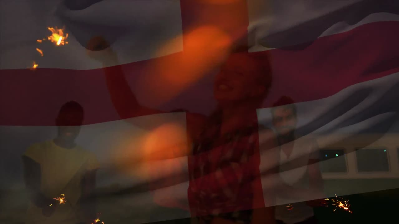 animación de ondear la bandera de inglaterra sobre un grupo de amigos divirtiéndose en la playa