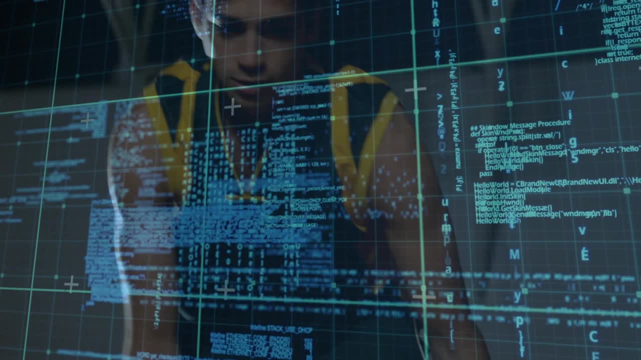 Male basketball player initiating controlled dribble on court floor, HUD grid analyzing performance