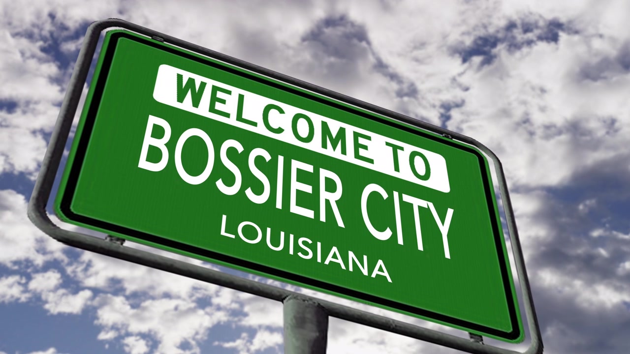 Benvenuti a Bossier City, Louisiana. Primo piano di un segnale stradale USA, animazione realistica.