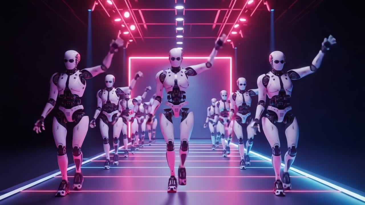 A mesmerizing display of synchronized humanoid robots moving in unison, set against a vibrant neon-lit environment that enhances their futuristic design and motion