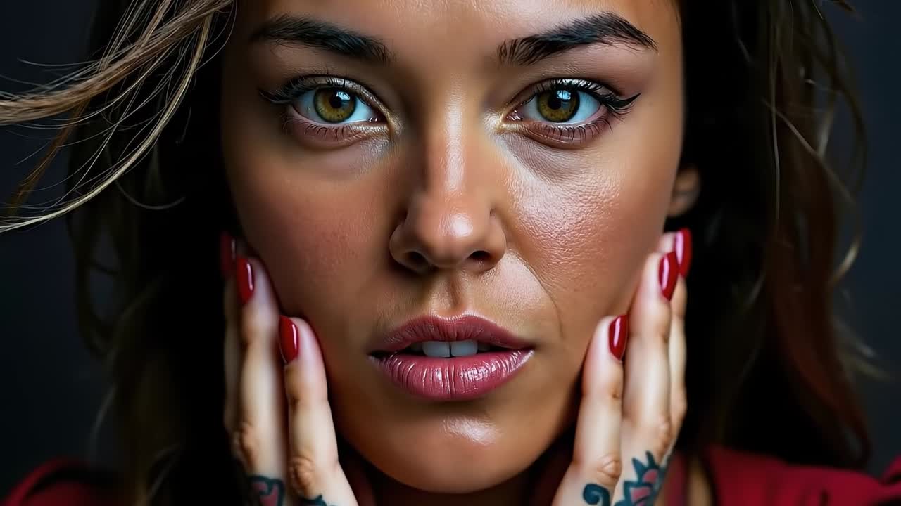 Una donna con tatuaggi che le coprono il volto con le mani
