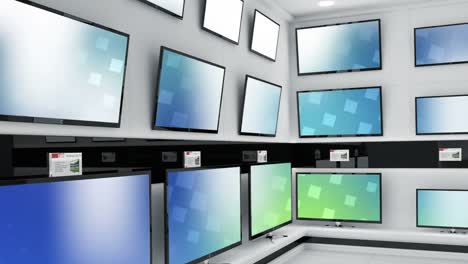 animation of rows of television sets in store with glowing screens with copy space