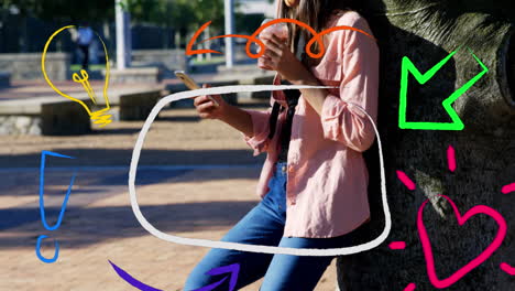 digital icons floating against woman having a drink and using smartphone in the park