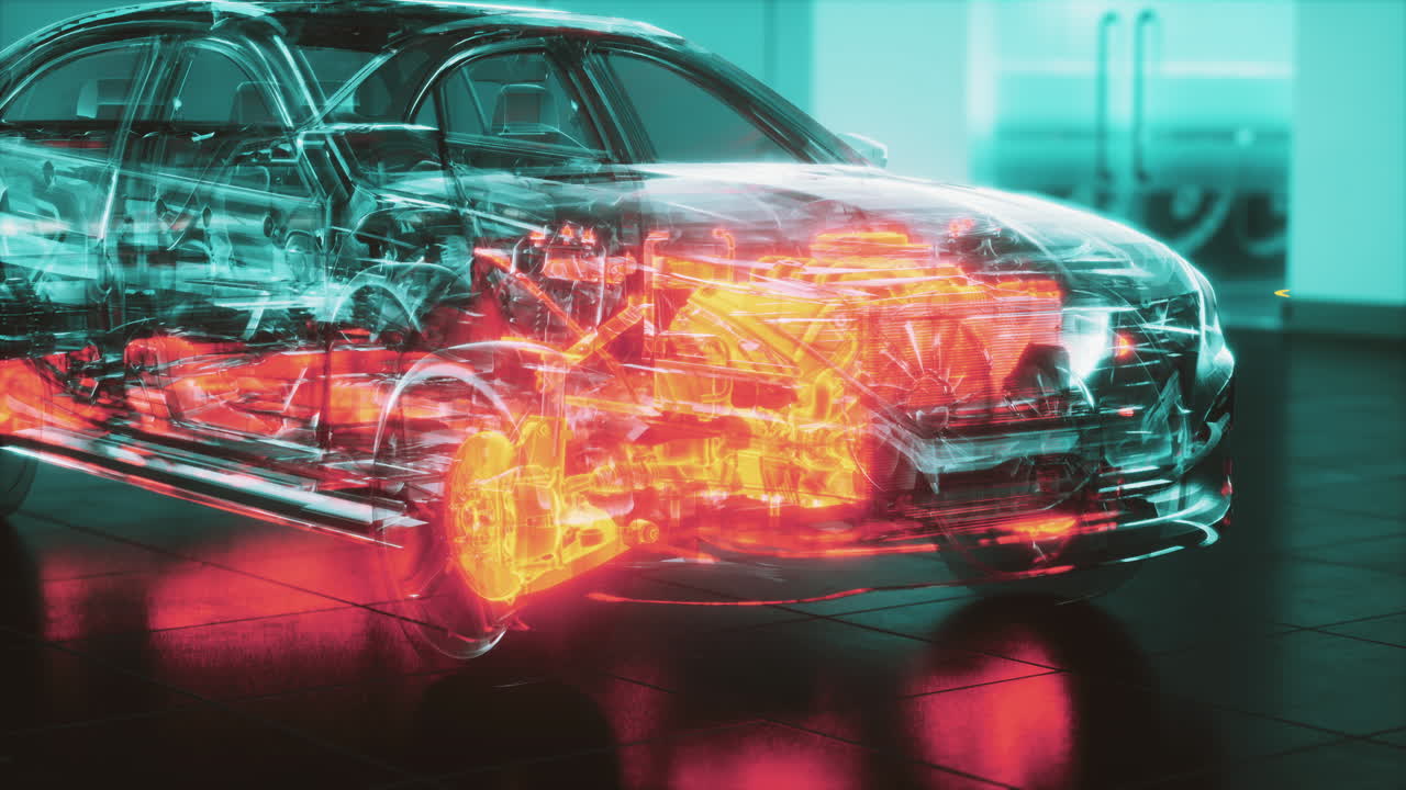 실험실에서 엔진이 있는 투명한 자동차