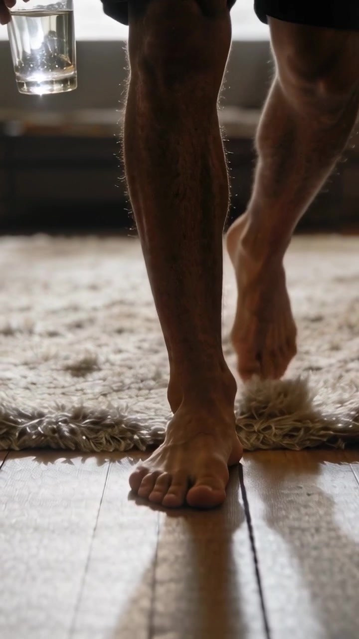 Vertical video: Shifting, man stepping from rug onto floor in shorts holding glass slipping sandal