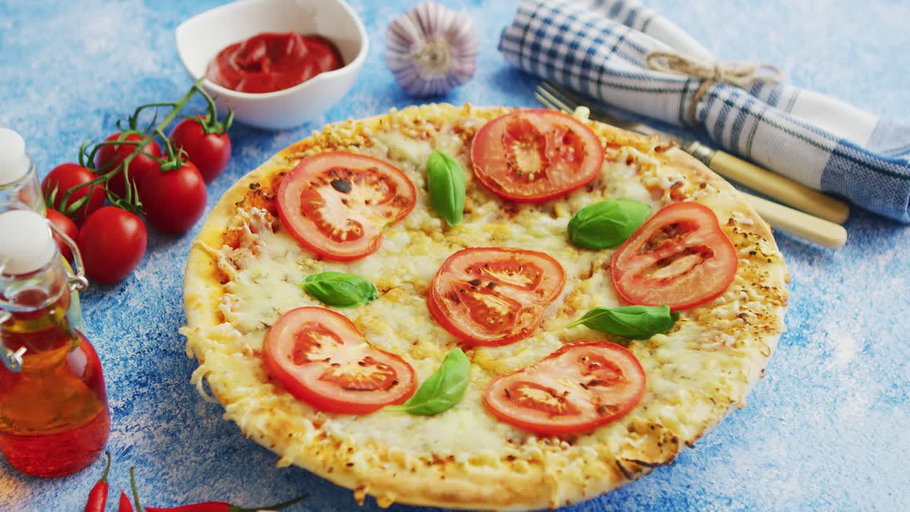 측면에서 찍은 파란색 돌 테이블에 맛있는 이탈리아 피자 제공