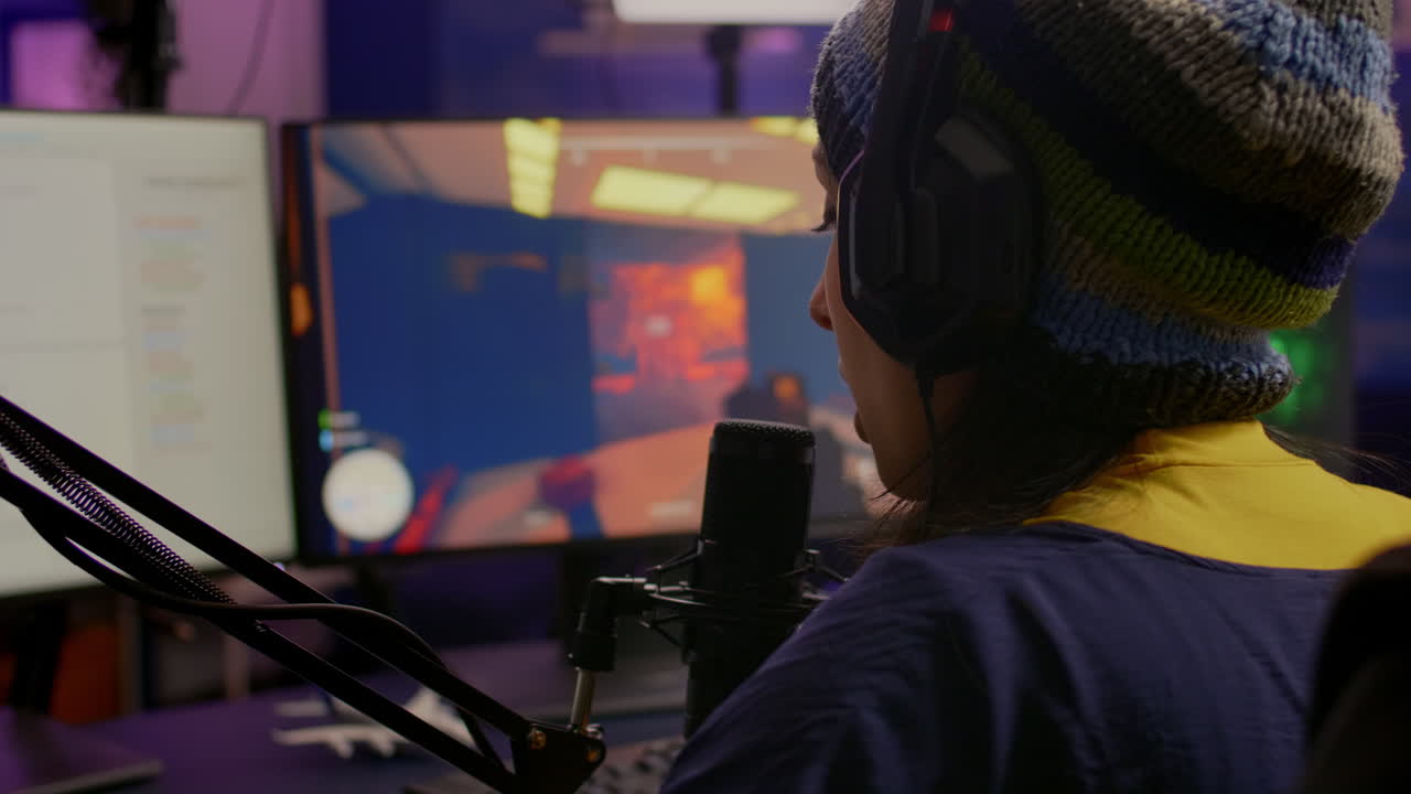 Close-up of streamer wearing professional gaming headphones