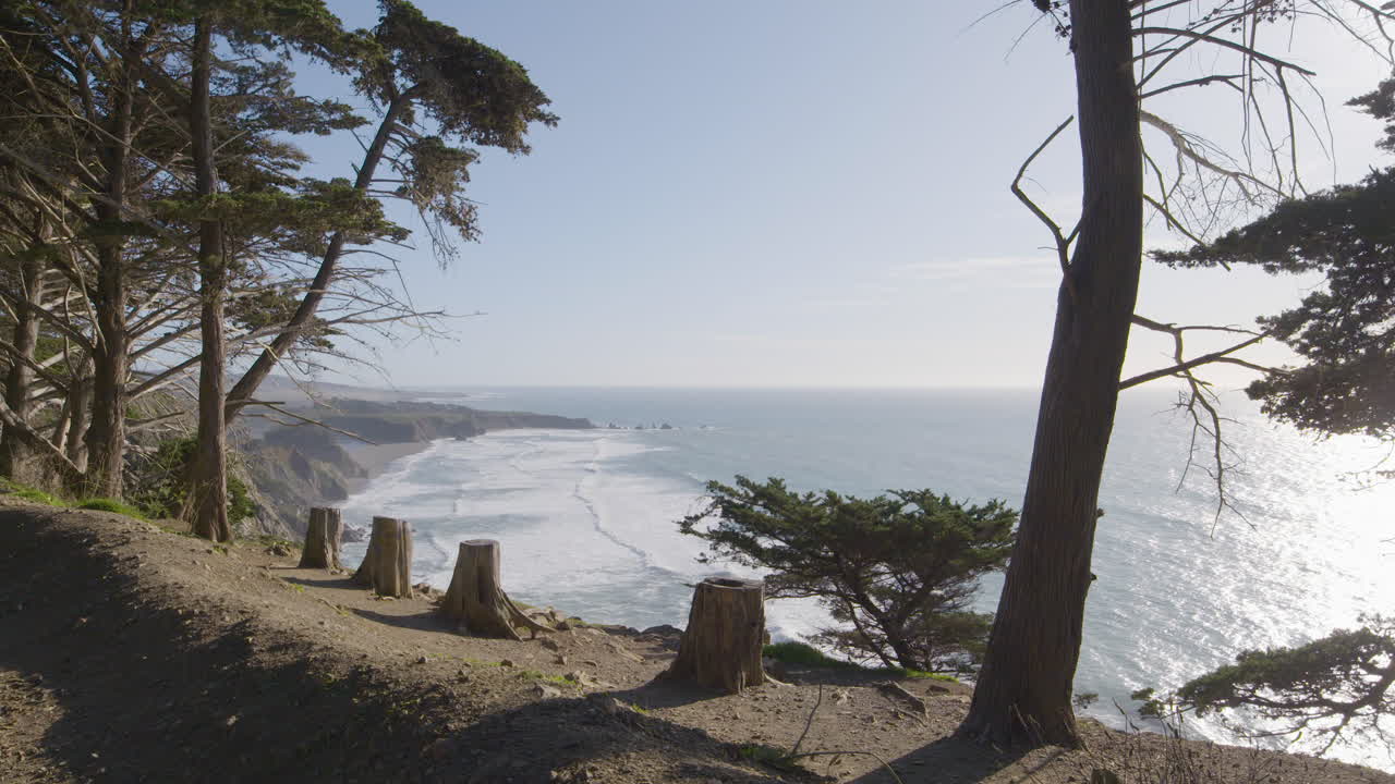 toma estacionaria desde un acantilado de montaña bordeado de pinos con vista al océano pacífico en el fondo ubicado en big sur california