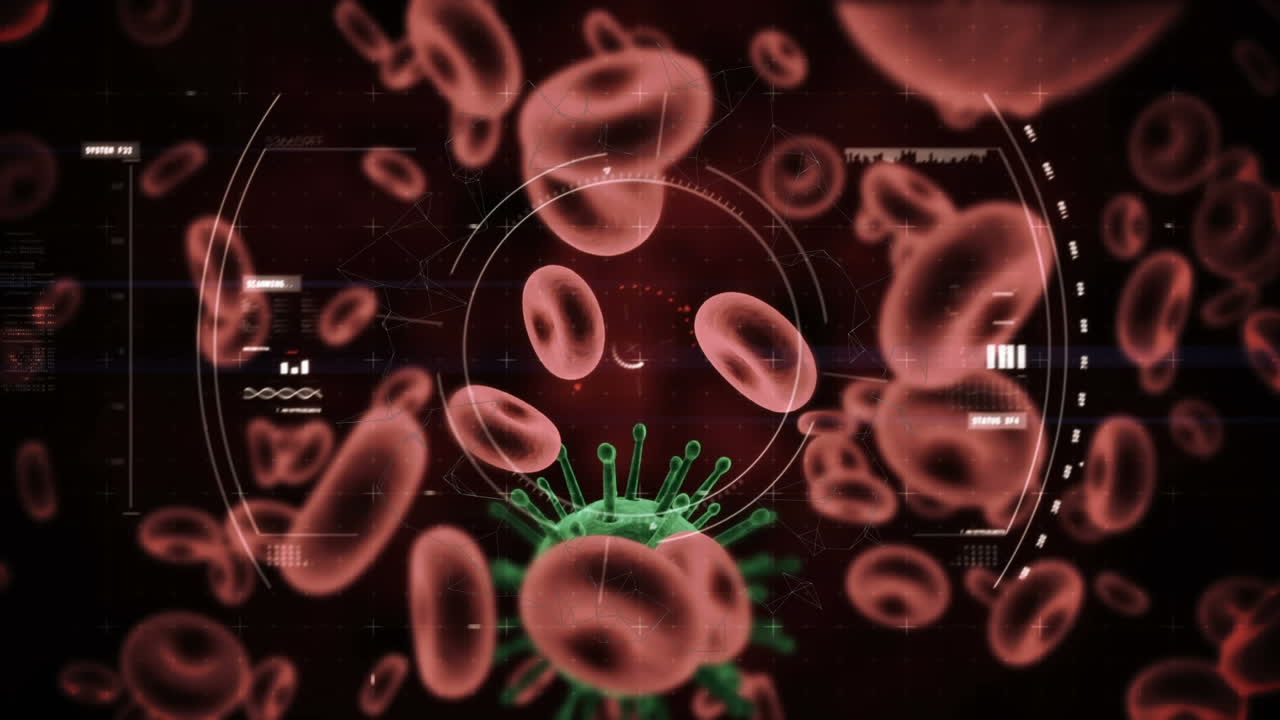 Animación de un microscopio escaneando sobre células de COVID-19 flotantes.