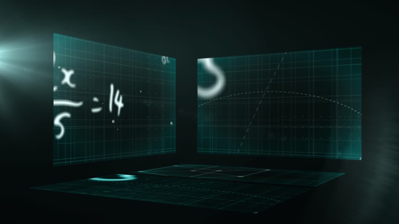 Animation of math formulas and data on digital screens in black space