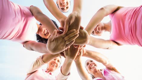 grupo diverso de mujeres sonrientes sosteniendo las manos al aire libre en el sol desde abajo