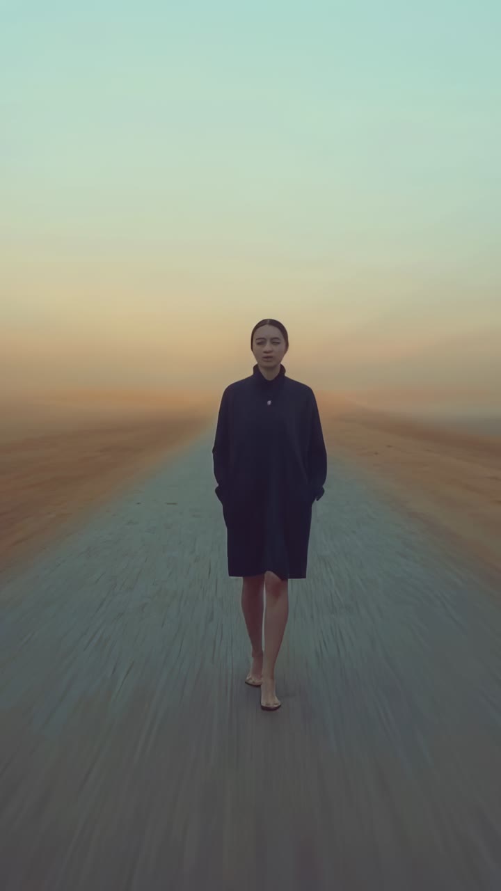 Vertical video: Walking woman approaching camera at dawn on desert road, wearing dark coat barefoot