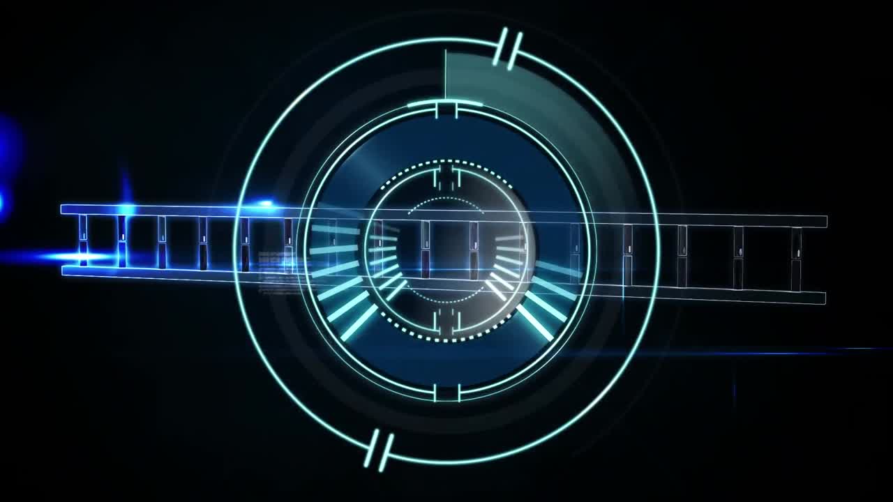 Animation of neon round scanner and dna structure spinning over data processing on blue background
