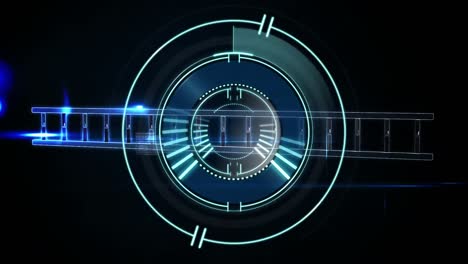 animación de escáner redondo de neón y estructura de adn girando sobre el procesamiento de datos en fondo azul.