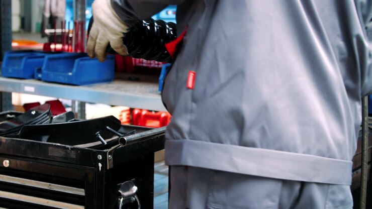 Worker inserting large spring shock absorber into machine for processing