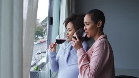 Pareja-De-Lesbianas-Bebiendo-Vino-Tinto-En-La-Ventana