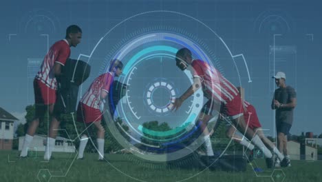 Animation-of-scope-and-data-processing-over-diverse-football-players-exercising-on-pitch