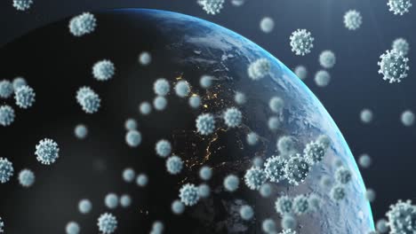 animación de células de covid 19 flotando sobre el planeta tierra