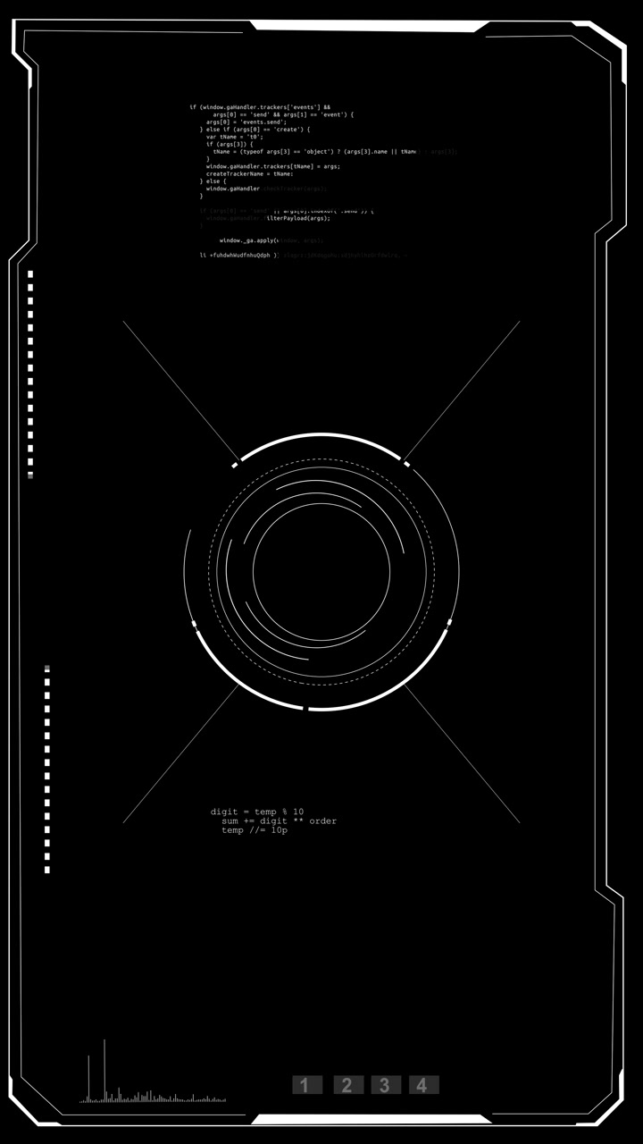Monochrome futuristic coding frame white hud rings dark empty screen thin tech border and code
