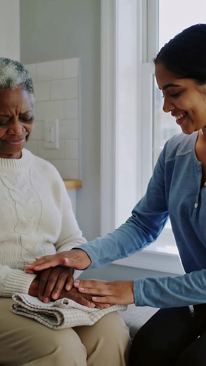 Vertical video: Reaching carer stroking elder's hands in cream knit on towel near window soothing