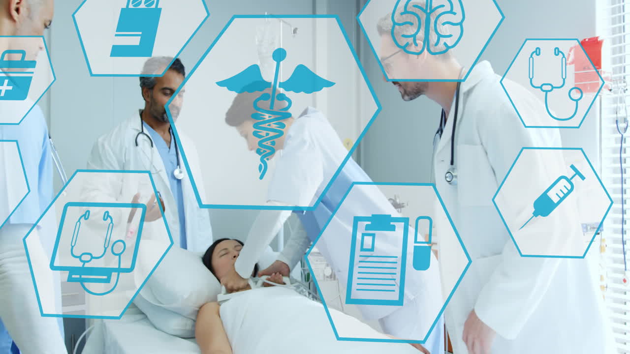 Animation of medical icons over diverse doctors using defibrillator on patient
